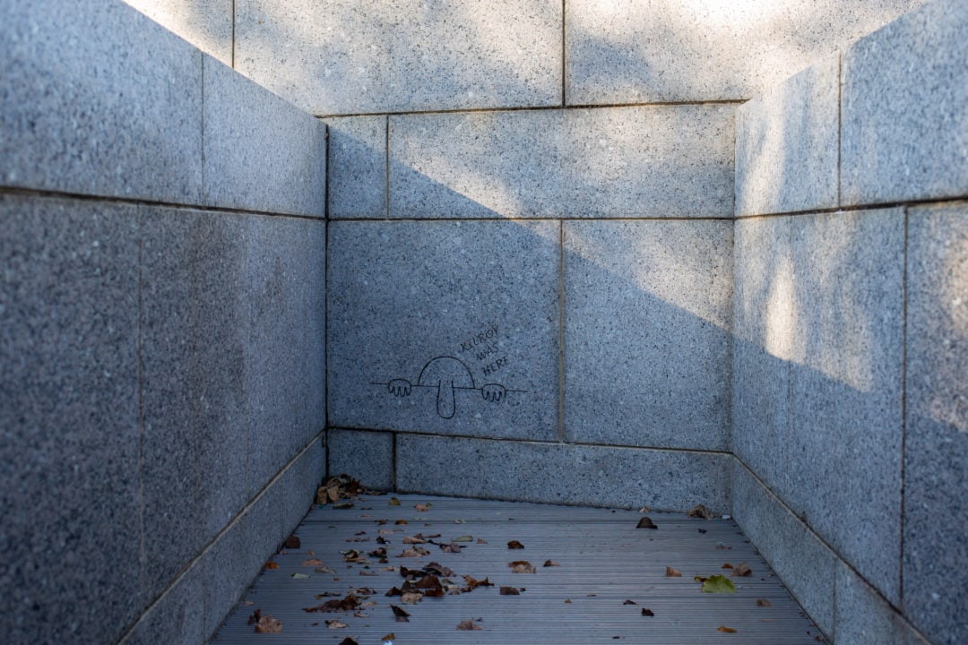 In a nod to a graffiti subject popular with GIs in the 1940s, a “Kilroy was here” doodle was etched in a somewhat-hidden nook of the World War II Memorial.