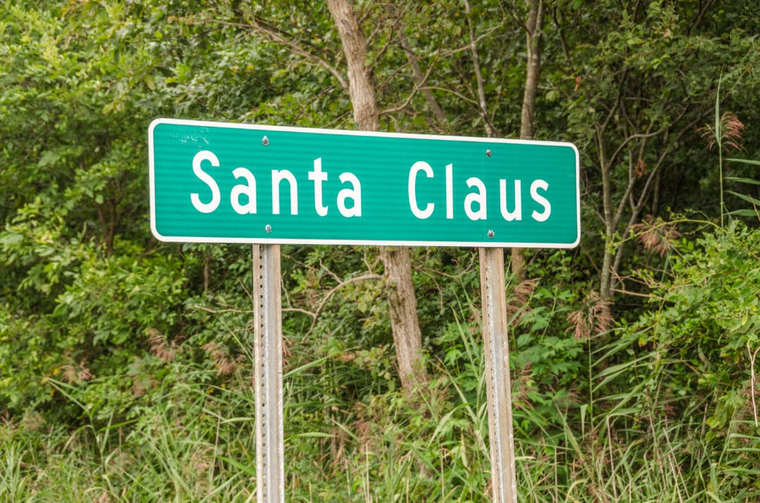 Road sign for Santa Claus, Indiana.