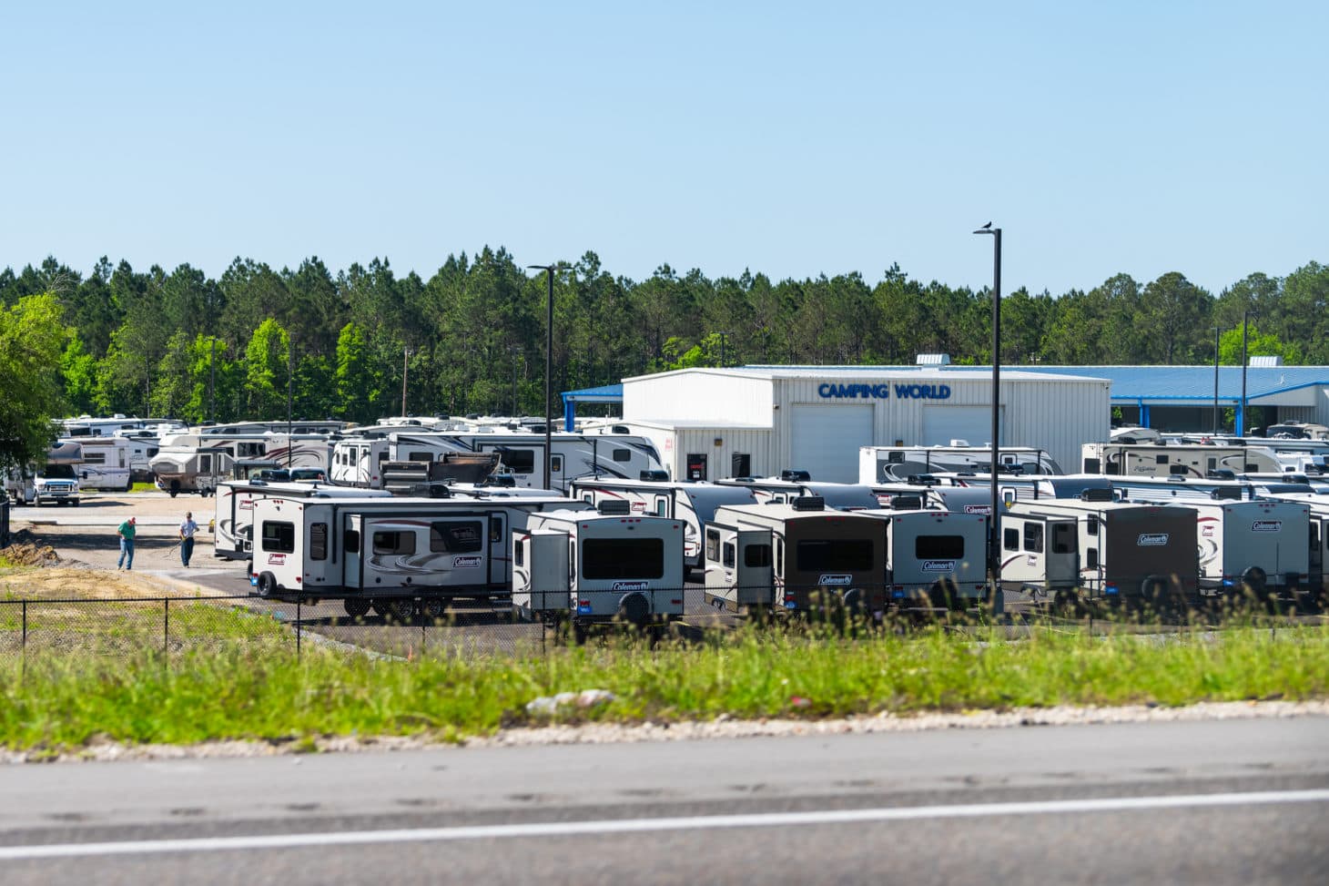 View of RV dealership lot from road