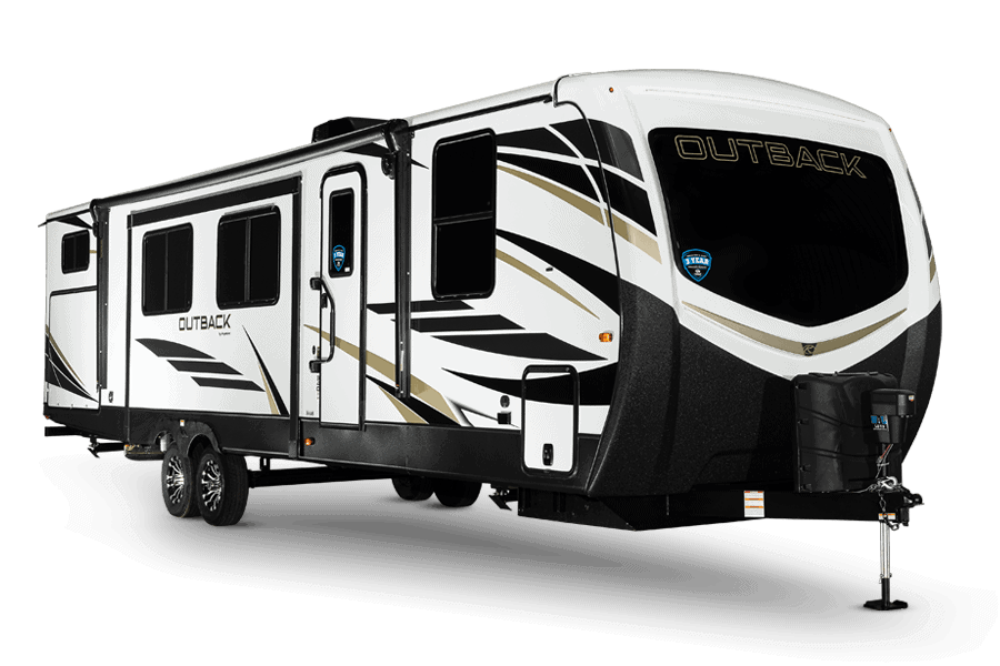 Exterior view of 38-foot travel trailer by Keystone.