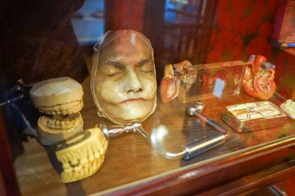 A wax mask and other medical oddities on display.