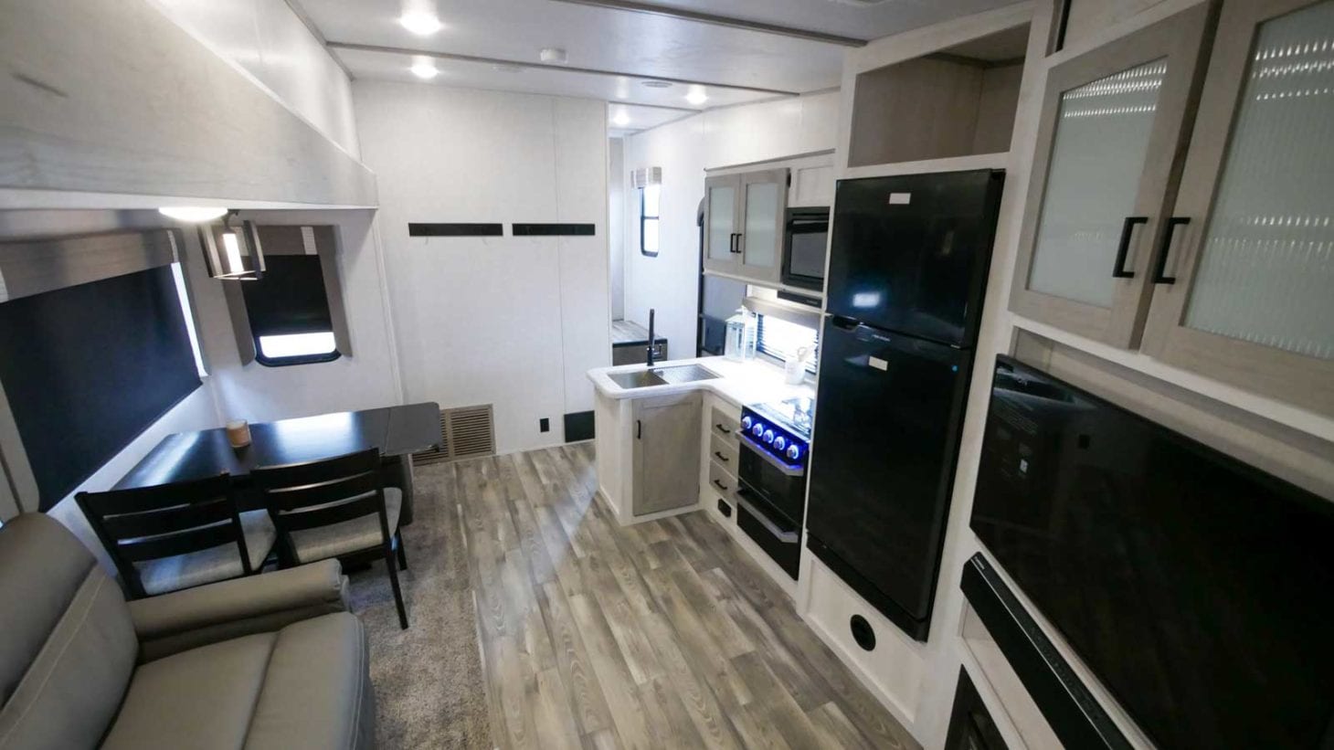 Interior view of fifth wheel trailer living area