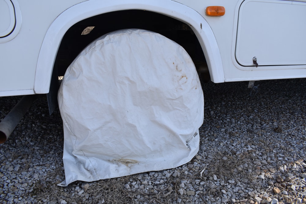 White tire cover on a parked RV