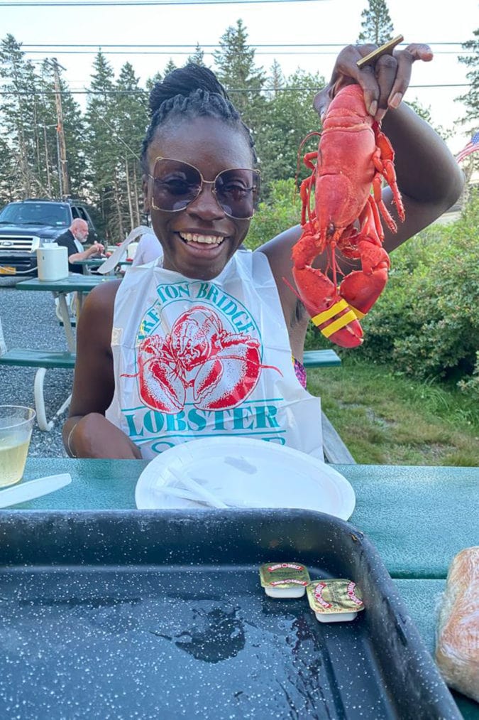 Eating lobster in Maine.