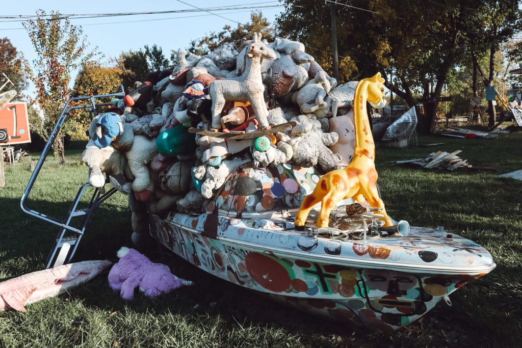 A boat piled with stuffed animals