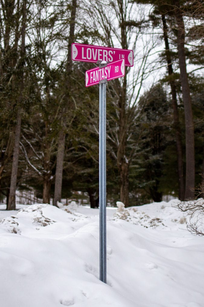 Street signs for Lovers' Lane and Fantasy Road surrounded by snow and trees. 