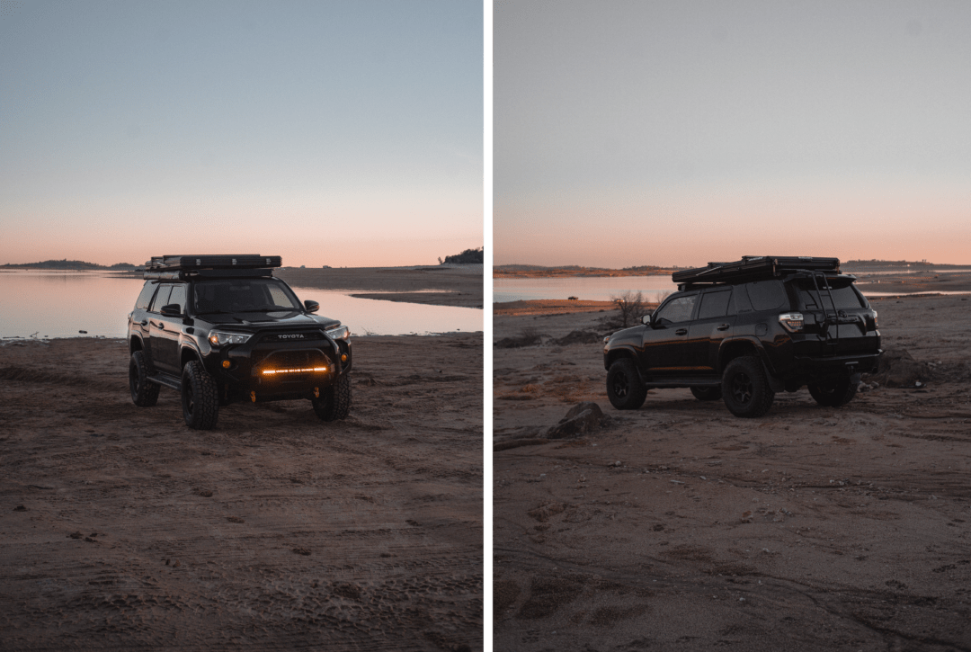 Side by side photo of black Toyota 4Runner at dusk parked near edge of lake