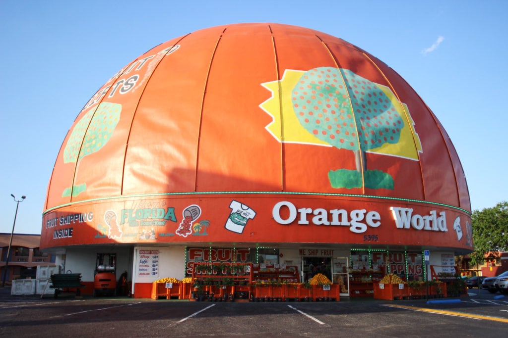The Orange World roadside citrus stand is shaped like an orange