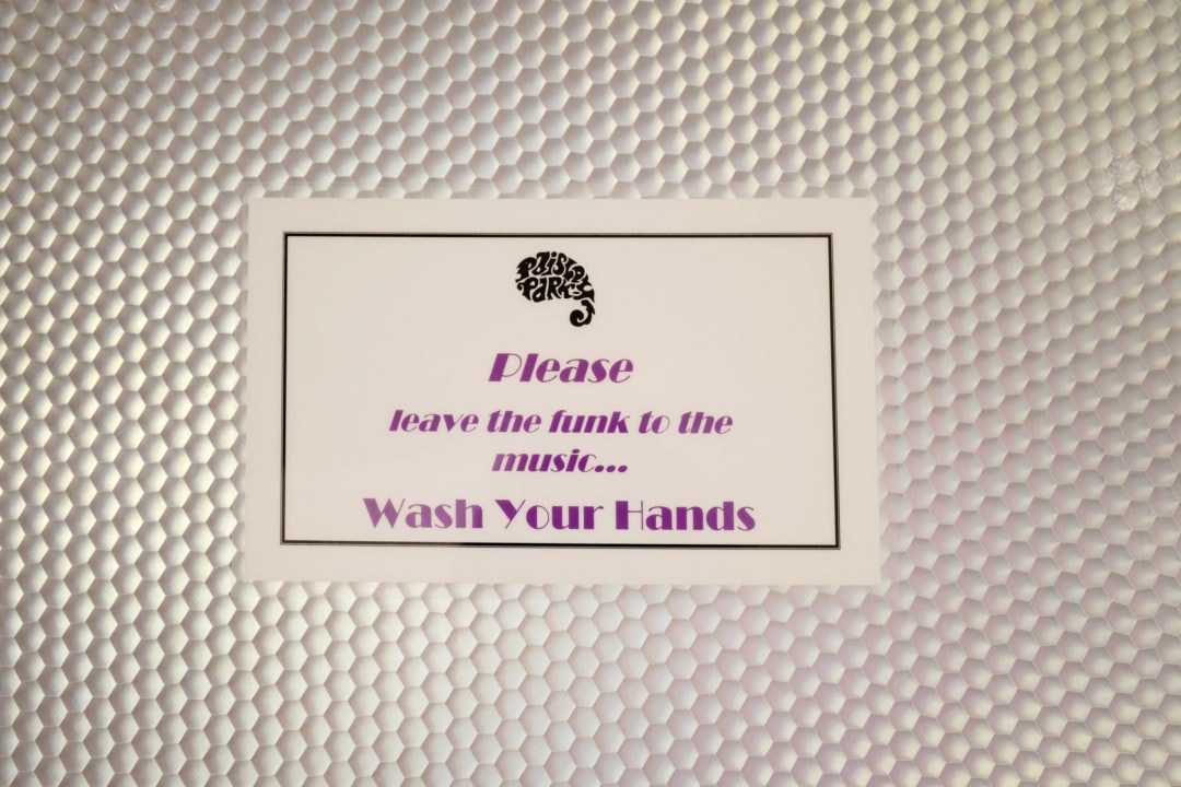 a bathroom sign that reads "please leave the funk to the music, wash your hands"