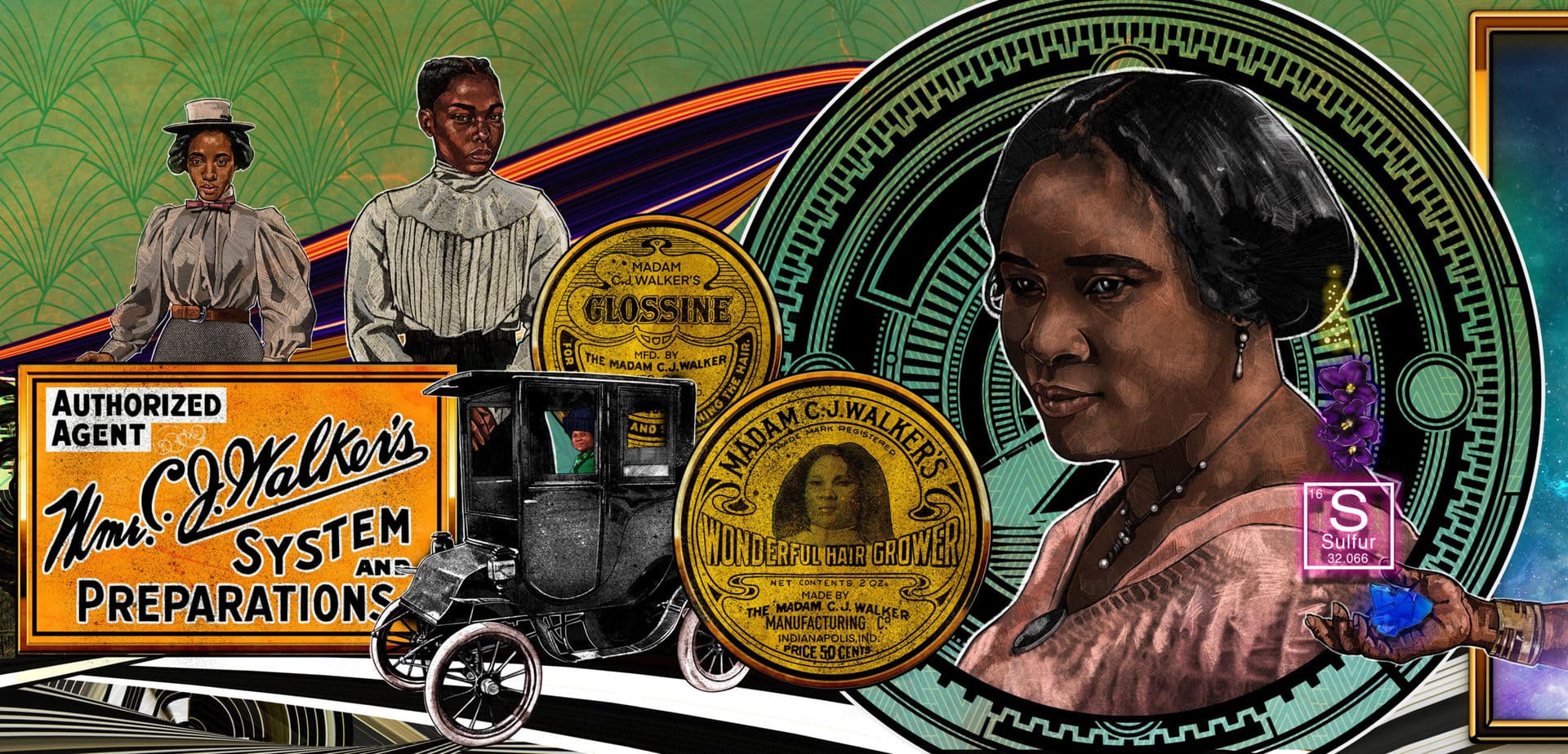 artwork created to honor madam cj walker with portraits of walker and two other black women