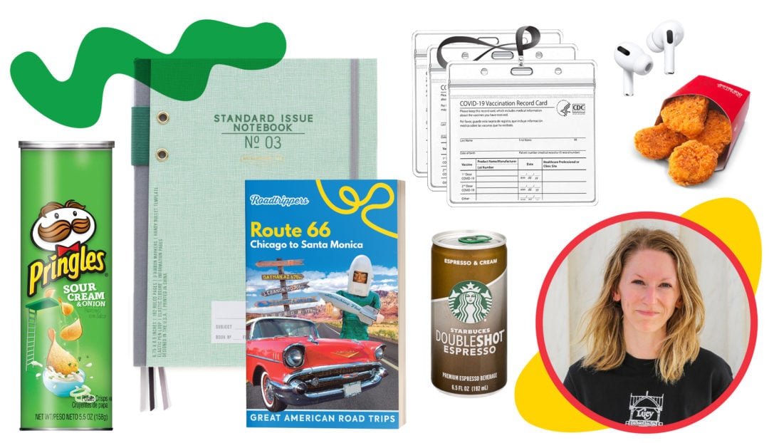 A collage of images featuring a can of pringles, green notebook, roadtrippers route 66 book, a starbucks espresso can, vaccination card sleeve, air pods and a four piece spicy chicken nugget