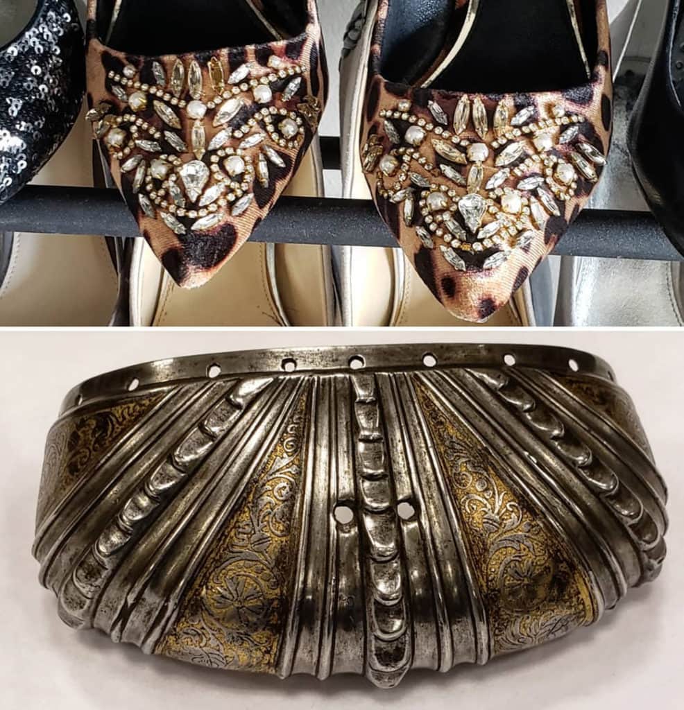 Bejeweled, leopard print high heels are juxtaposed next to a medieval metal toe cap