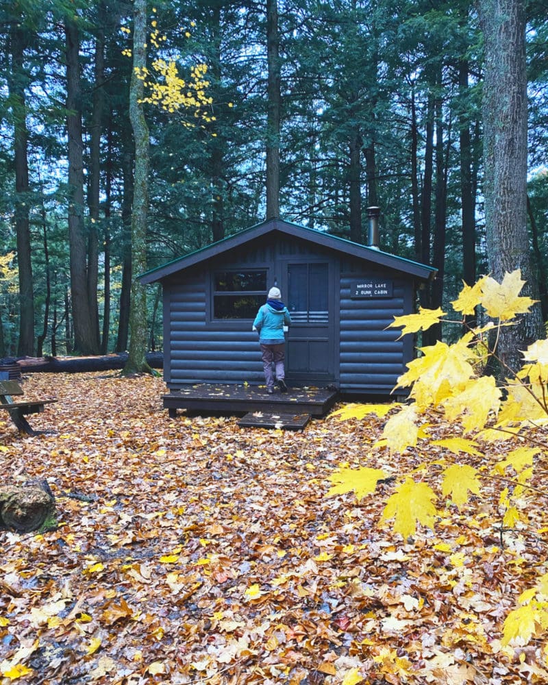 A small log cabin in the woods, surrounded by trees and fallen leaves 