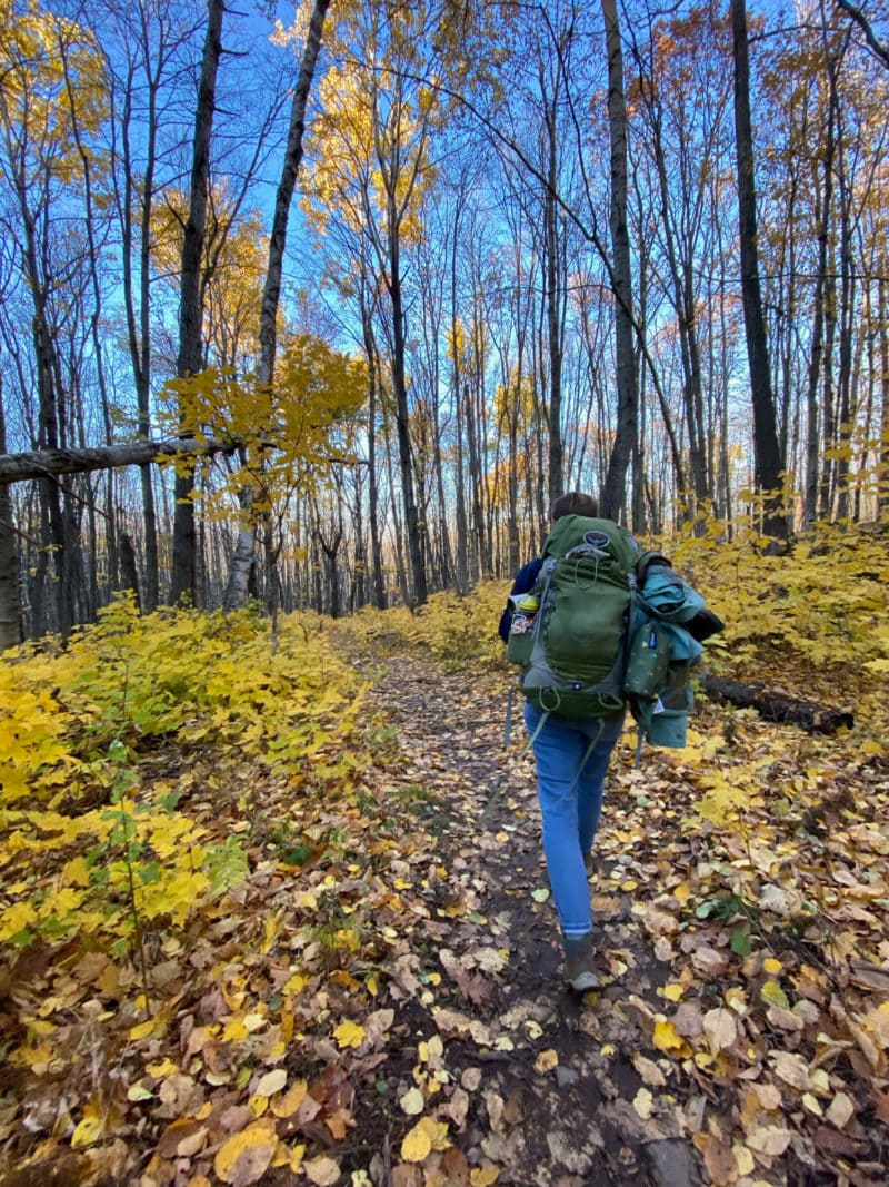 A person hiking through fallen leaves in a forest, wearing jeans and carrying a large backpack 
