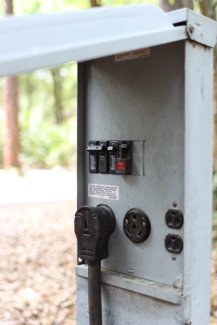 Electrical box at campsite open showing panel