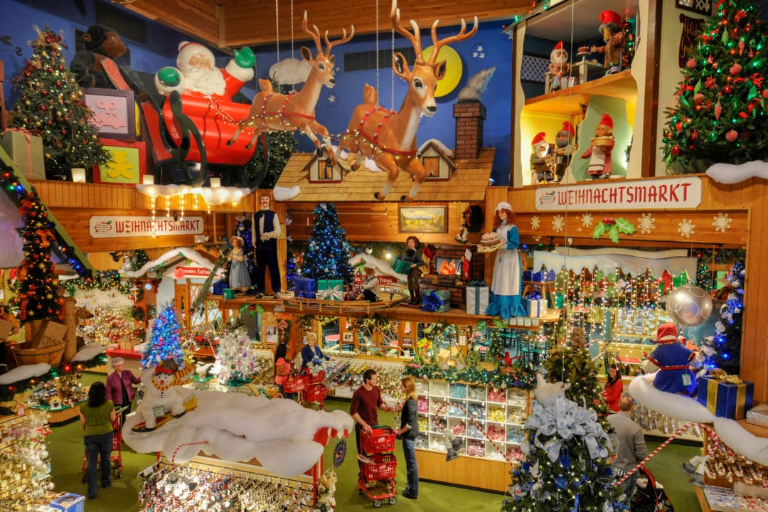 the inside of a large christmas store