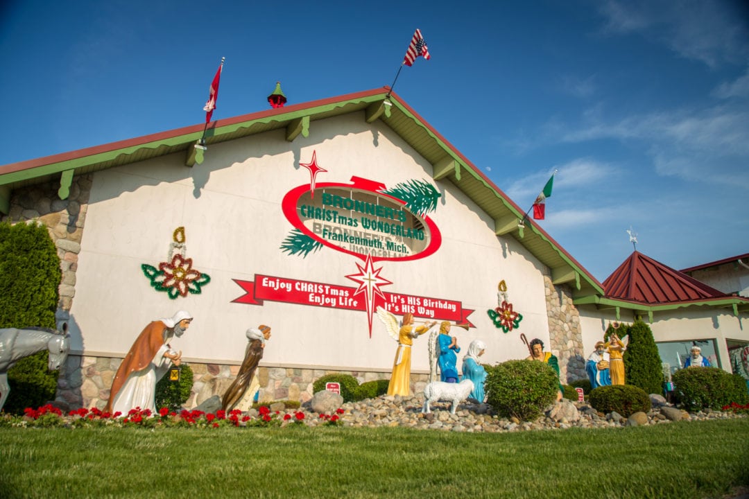 the red and green exterior of bronner's christmas wonderland