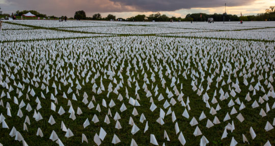 White flags blanket the National Mall, representing more than 600,000 COVID-19 deaths in the U.S.
