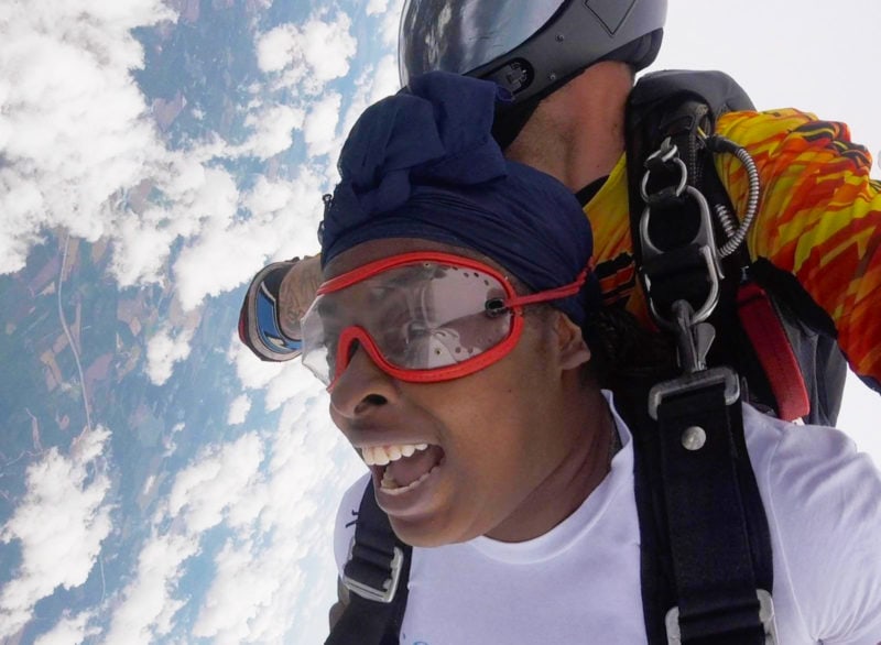 a woman skydives