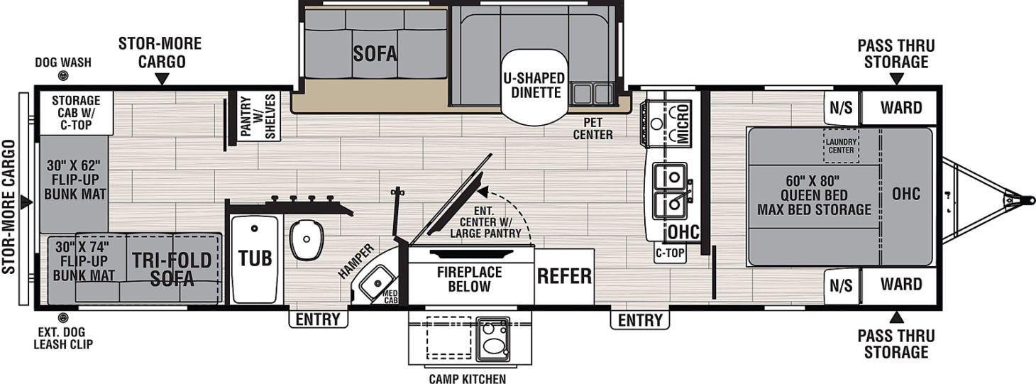 Coachmen Spirit 3272BH floor plan featuring a kick-out pet dish under the dinette.