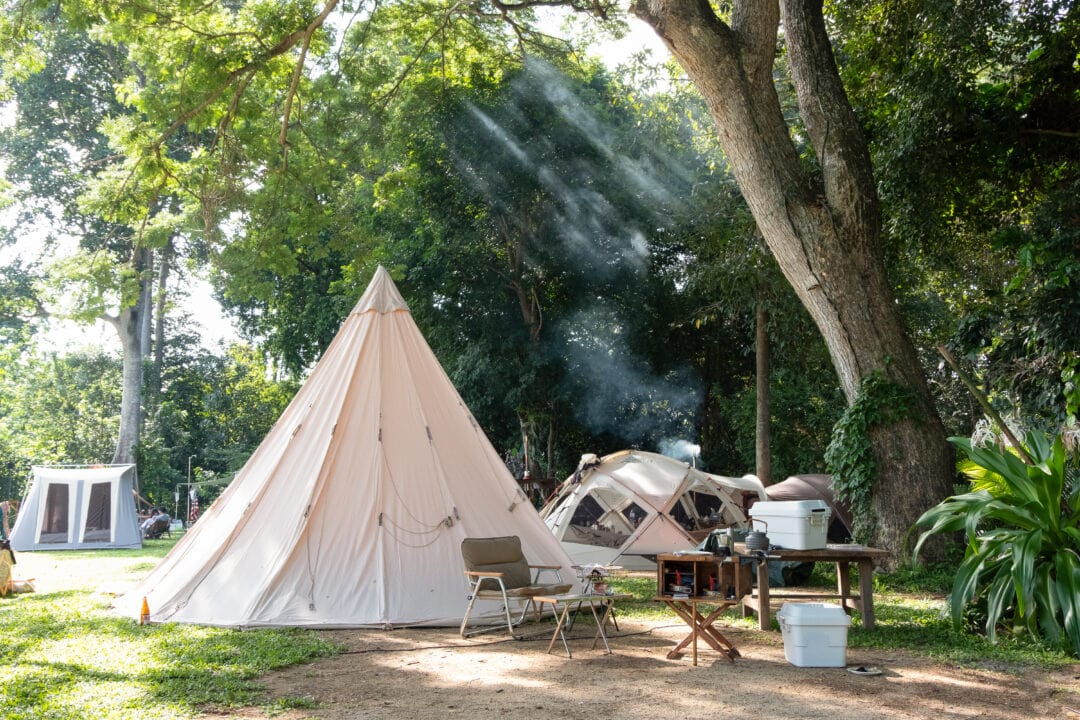 Safari tent set up at a campsite
