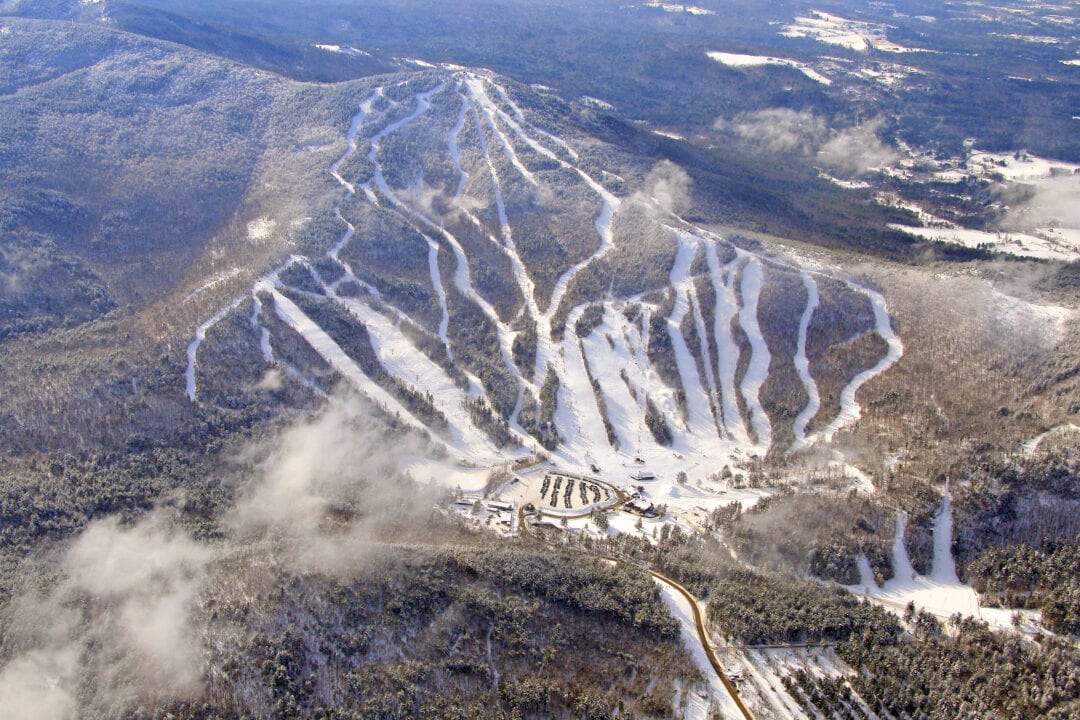 aerial view of a snowy mountain ski resort