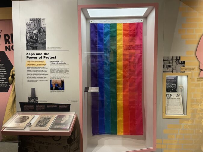 Pride flag displayed at the Stonewall and LGBTQ Rights Movement exhibit