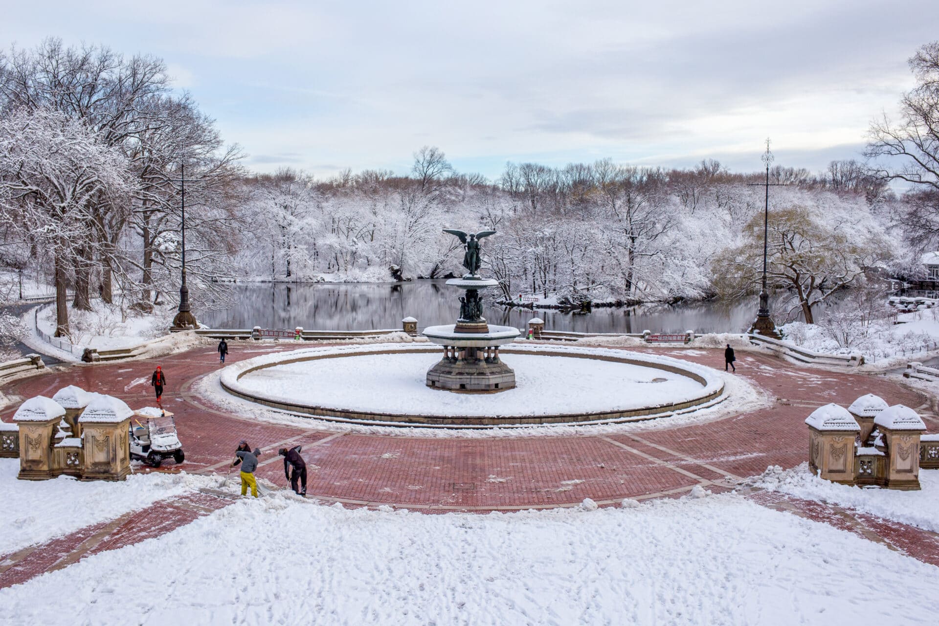 central park's bethesda terrace on a snowy day