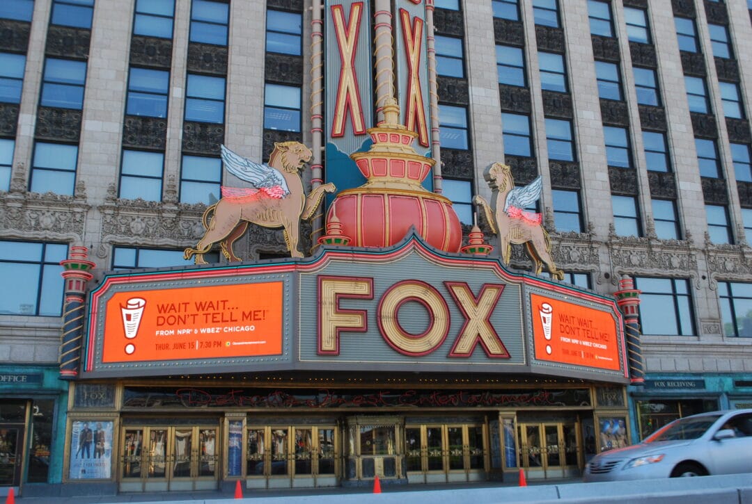 an elaborate neon marquee for the fox theater