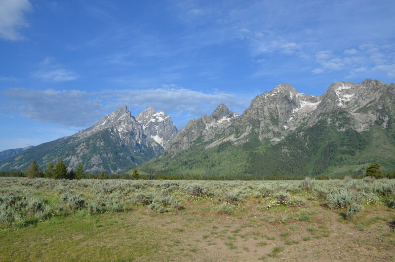 Mountain range with large looming peaks at Grand Teton National Park