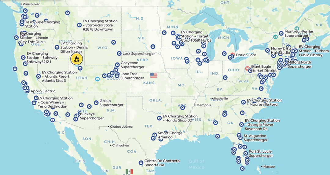 a screenshot of a map of the US with EV charging locations noted