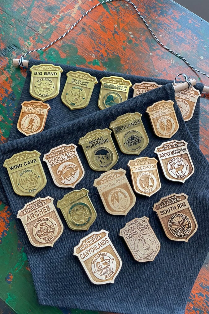 several different junior ranger badges are pinned onto a blue felt wall hanging