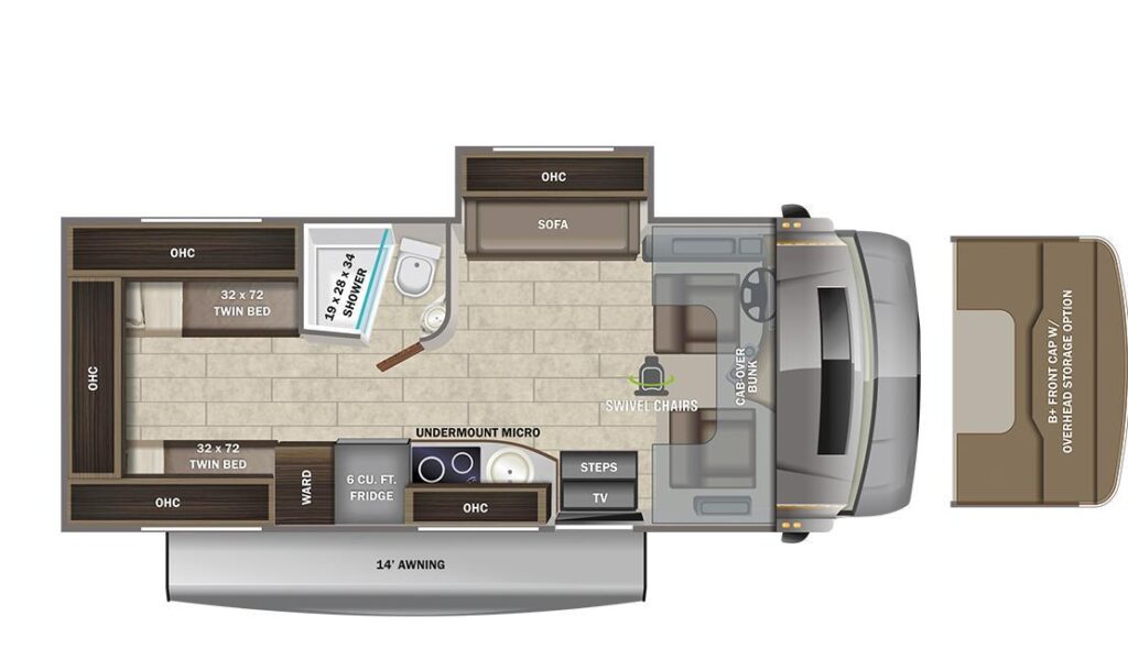 Interior floorplans of a Class B+ RV with seating, sleeping, dining, and bathroom space