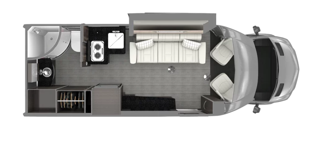 Interior floorplans of a Class B+ RV from Airstream