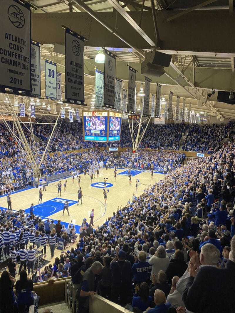 A packed gym at Cameron Indoor Stadium on Duke University's campus