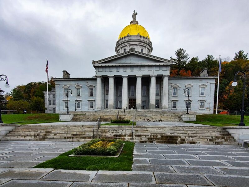 The Vermont State Capitol Building with a golden dome in Montpelier.