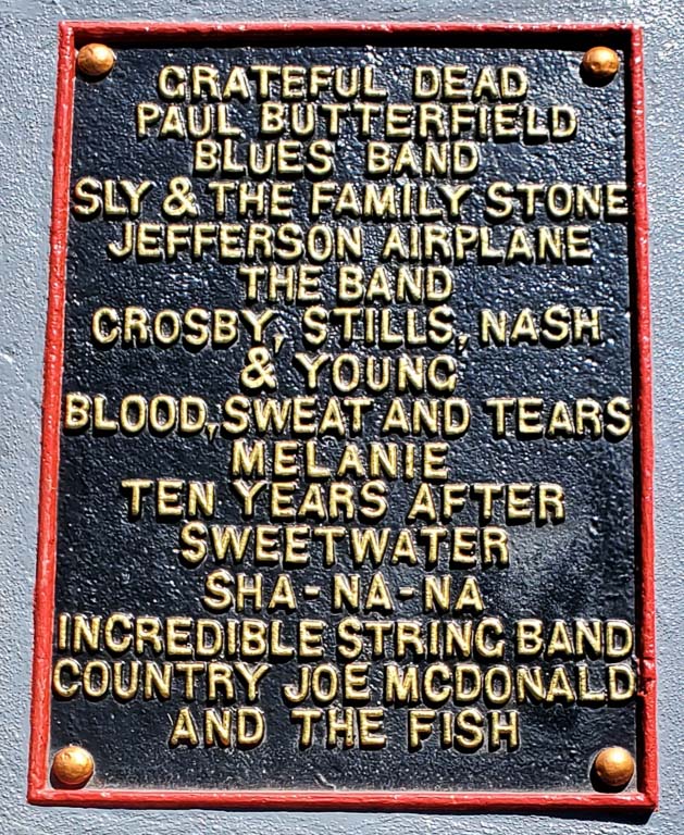 Plaque at Woodstock commemorating artists who performed on state