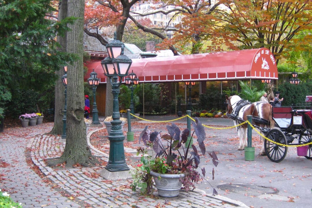 a restaurant with a red awning and a carriage horse surrounded by fall foliage