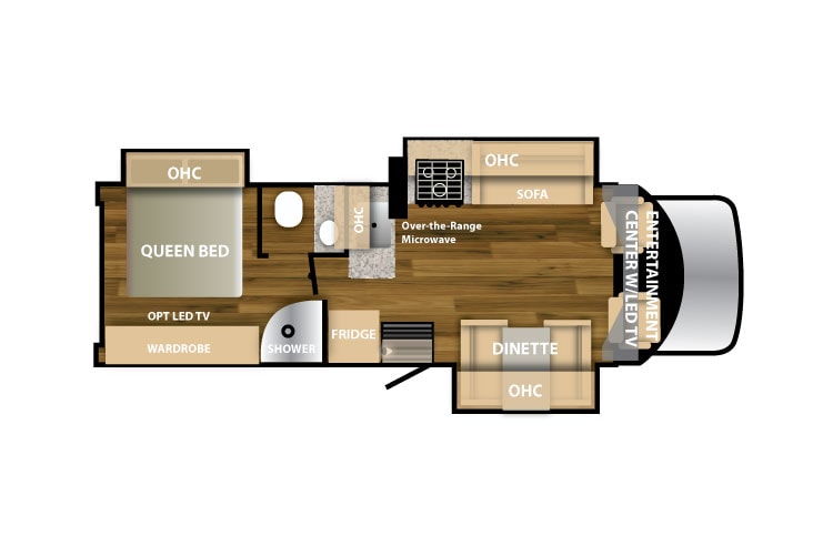 Interior floorplans of a Class B+ RV with slide outs extended