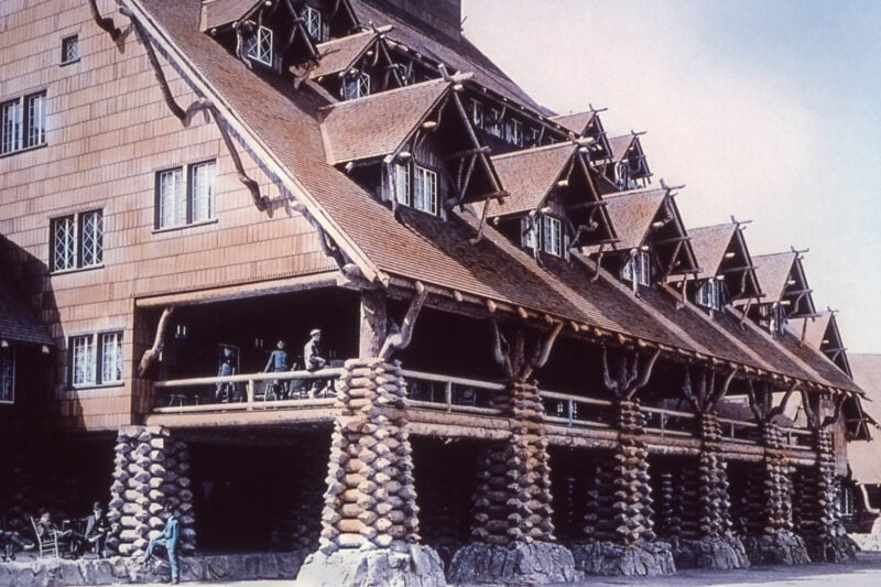 an archival photo of an old resort hotel near yellowstone