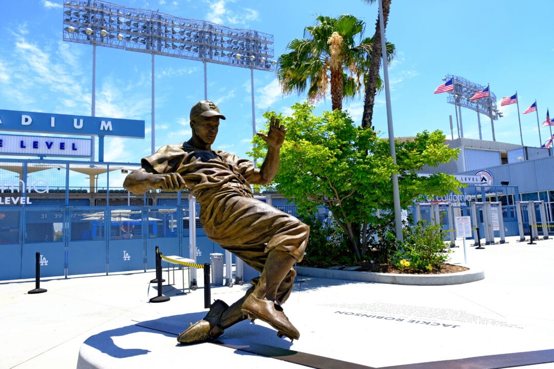 Baseball statue at the outside entrance of Dodger Stadium in California