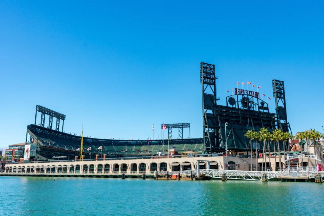 A view of Oracle Park from the San Francisco Bay