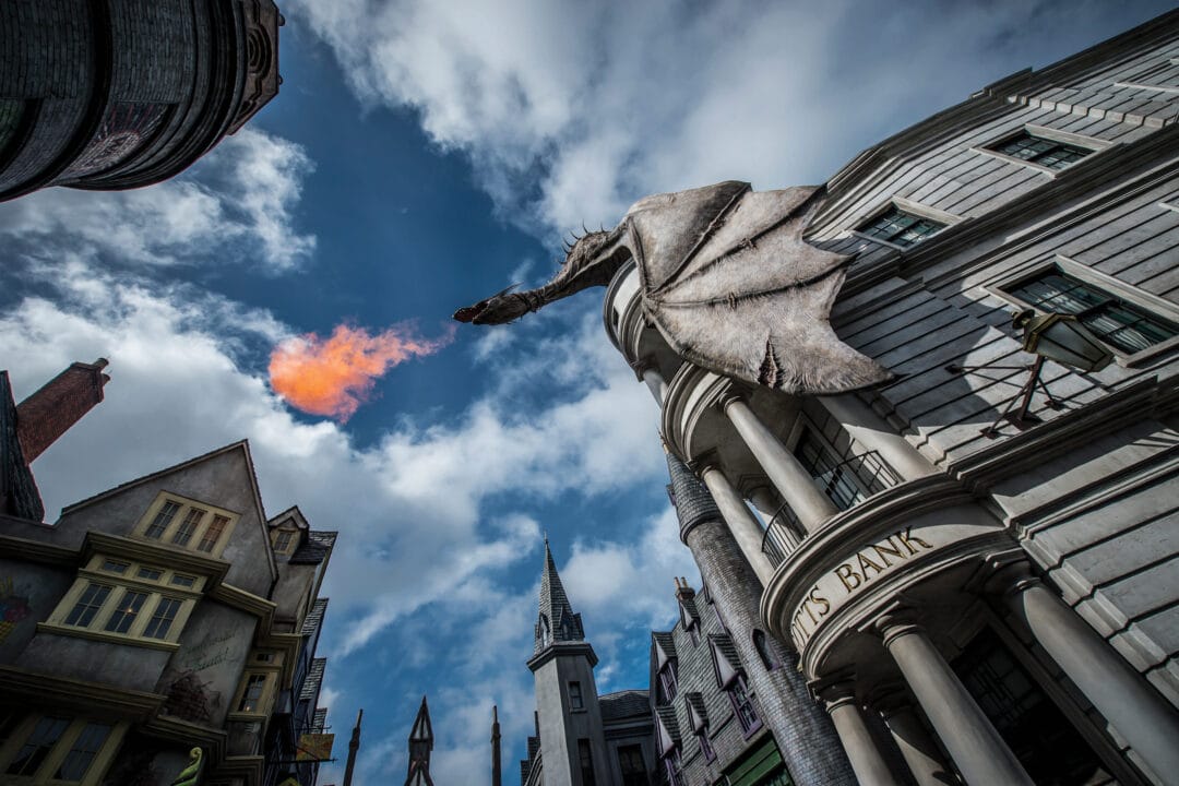 buildings in harry potter world with a dragon on top breathing fire