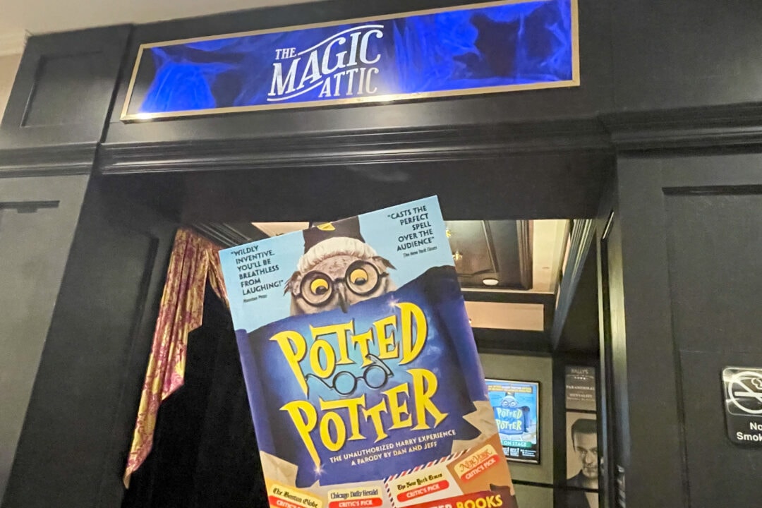 a playbill for Potted Potter in front of a theater marquee that says "the magic attic"