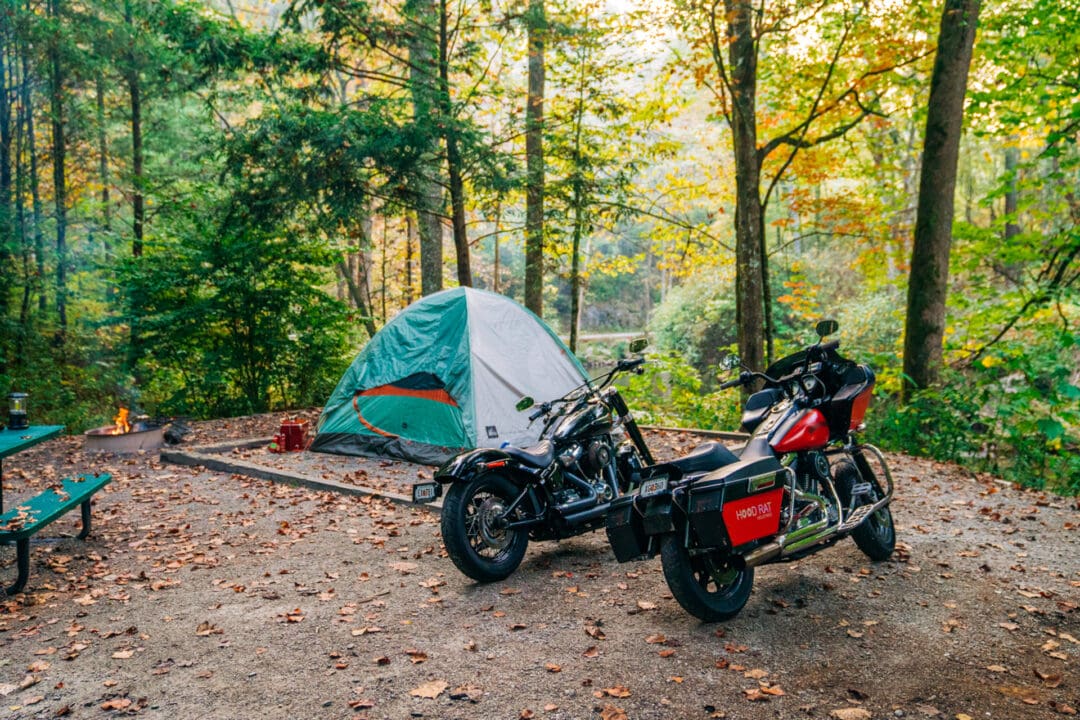 Two motorcycles parked next to a tent at a campsite in a wooded area 