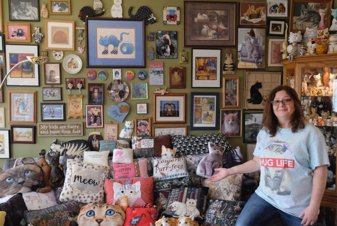 a woman stands in front of a couch full of cat pillows and a wall full of cat-themed artwork
