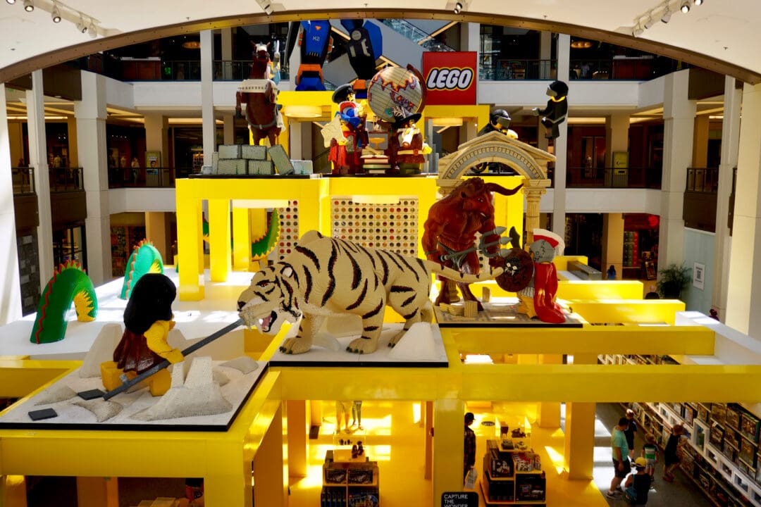 Large LEGO display at the entrance of the LEGO Store in Mall of America, featuring a big tiger in the center