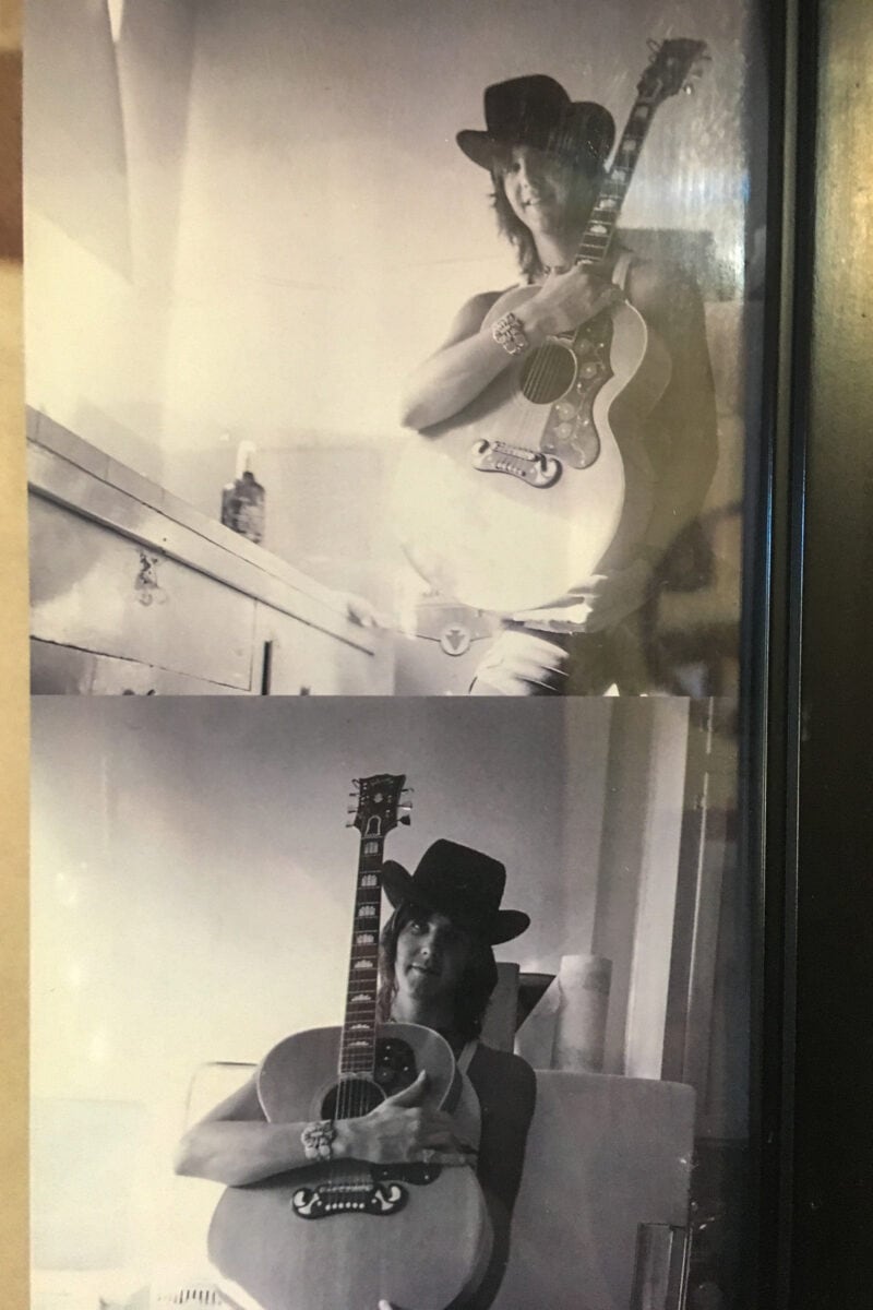 two black and white photographs of a man in a cowboy hat holding a guitar