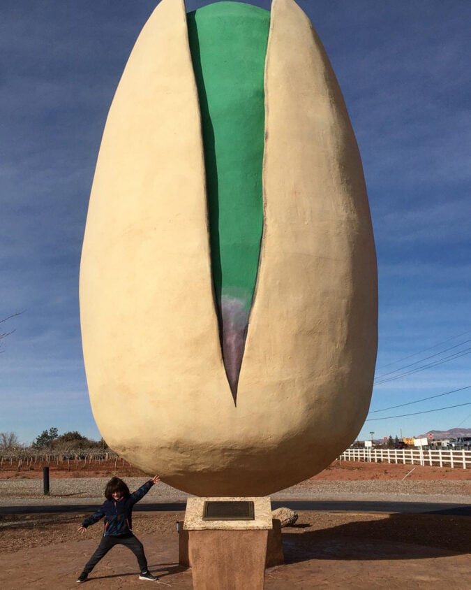 a boy stands next to a large sculpture of a green and white pistachio nut against a blue sky