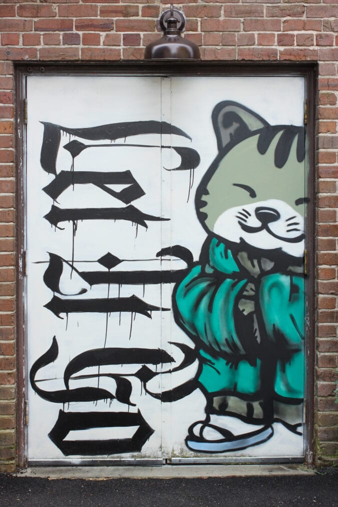 artwork painted on the doorway of a brick building featuring a cat in a green robe and black letters that spell out "let it go"